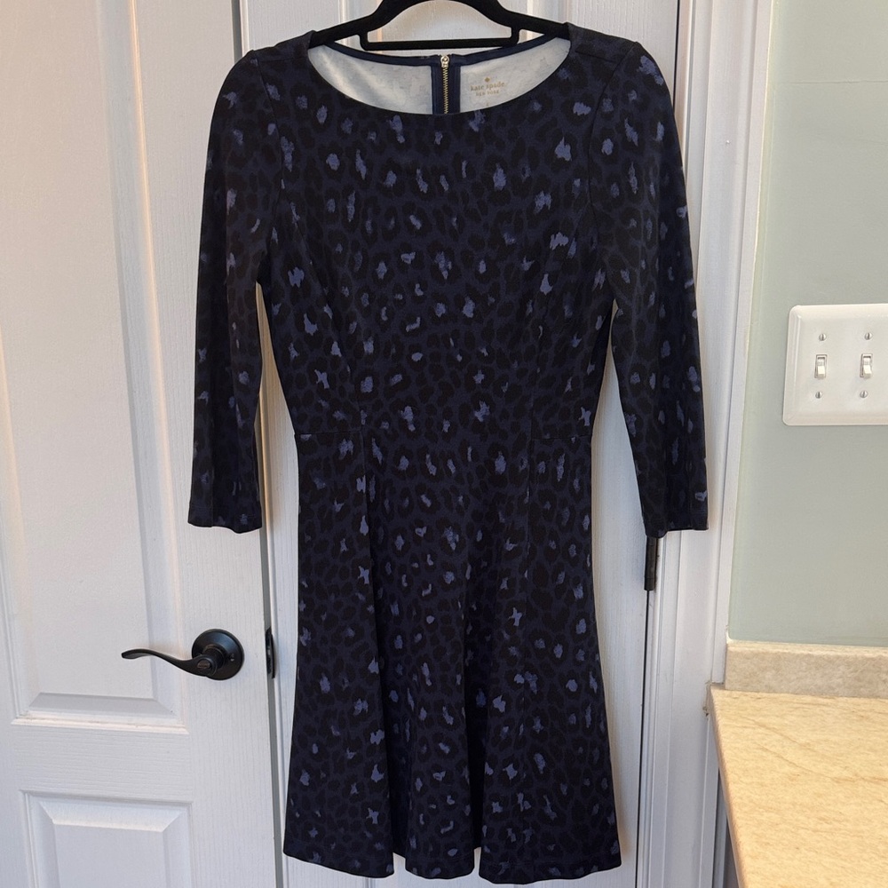 Kate Spade Black and Blue Leopard Print 3/4 Sleeve Fit and Flare Dress